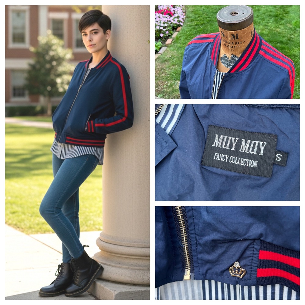 MUY‎ MUY FANCY COLLECTION Bomber Jacket Women Navy Red Stripe Size Small Preppy
